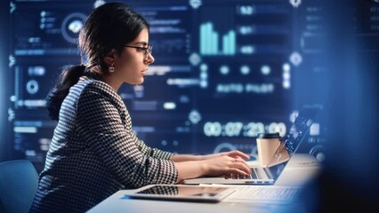 Technician woman working laptop at digital futuristic infographic screen big data cyber analyzing - Powered by Adobe