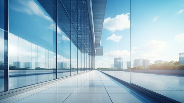 Glass wall of commercial office building on bright sunny day with perfectly tiled floor and clouds in the sky