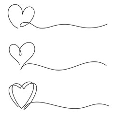 Heart one line drawing. Set of doodle vector illustrations