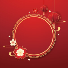 Happy Chinese new year 2024. Chinese new year banner with circle for show product. Greeting card. China frame with lantern on red background.