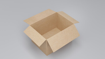 Closeup on a open Cardboard-box on neutral Background. 3D Render with neutral lighting.