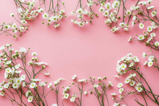 Fototapeta Border of delicate little white flowers on pink background from above. Space for text. Flat lay style.