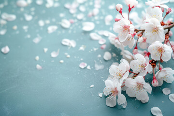 Cherry blossom on blue background with space for the text in the style of light gray and dark aquamarine