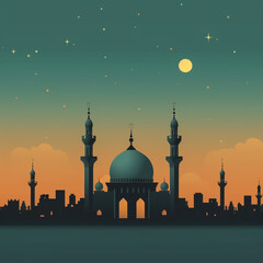 Ramadan Kareem greeting card with paper cut mosque and crescent. Vector illustration. eps