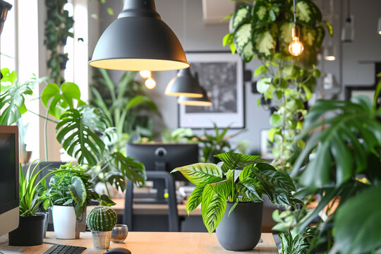 An office filled with plants, a green work environment