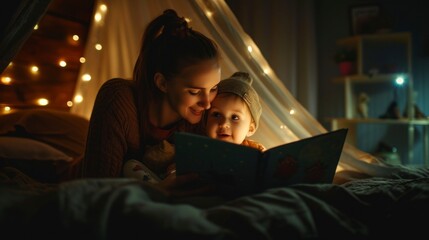 cute woman reading a book to her daughter in her bedroom to sleep at night with good lighting