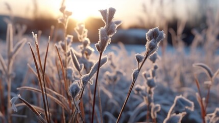 Frost on dried plants Winter background Ai Generative