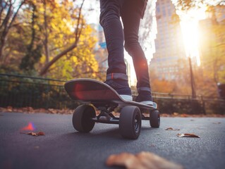 A person riding a trendy electric skateboard through an urban park