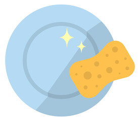 Clean dish with washing sponge. Household chores icon
