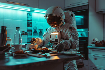 An astronaut eating breakfast in a kitchen, person wearing a spacesuit at home - obrazy, fototapety, plakaty