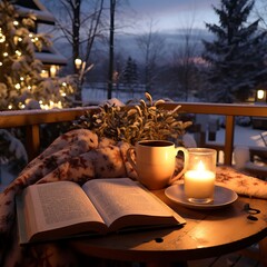 Naklejka na ściany i meble Cozy Winter Evening with Books, Coffee, and Warmth
