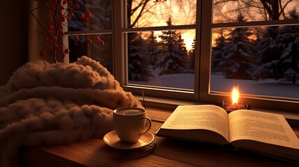 Cozy Winter Evening with Books, Coffee, and Warmth