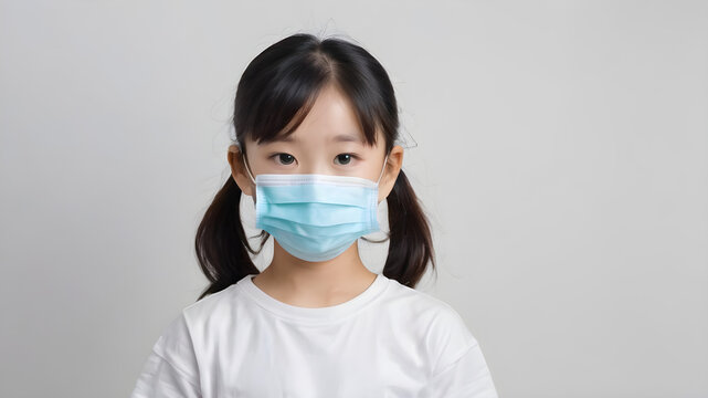 Asian girl wearing protective medical face mask with copyspace, Generative AI illustration