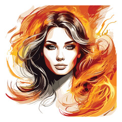 Drawing of a beautiful girl on fire 