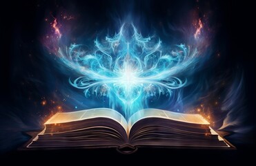 Open book with magic light and smoke on dark background.