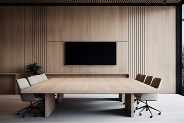 Modern Empty Meeting Room with large wooden conference table