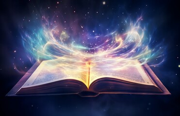 Fototapeta premium Open book with magic light and smoke on dark background.