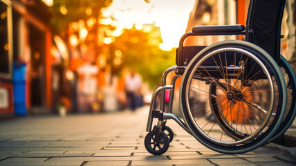 Wheelchair in the street of old city. Selective focus. - obrazy, fototapety, plakaty