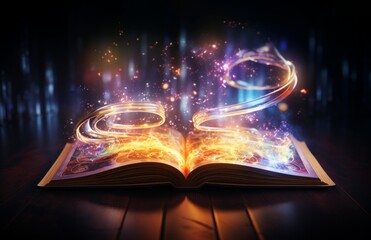 Open book with magic light and smoke on dark background.