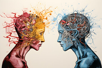 Painting of two people in red and blue Expression of brain illustration - obrazy, fototapety, plakaty