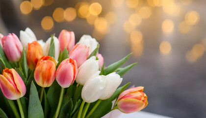 A vibrant bouquet of tulips, with a mix of white, pink, and orange blossoms. Set against a soft-focus background with warm lights, ideal for spring or celebration themes.