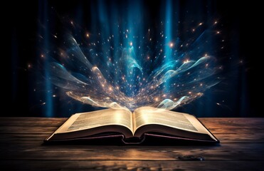 Open book with magic light and smoke on dark background.