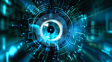 Blue hologram eye representing cyber security. Technology and finance concept. safety eye. website, business backgrounds. 5.0 technology of the future. Backgrounds representing the new world. - obrazy, fototapety, plakaty
