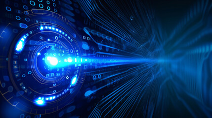 Obraz premium Blue hologram eye representing cyber security. Technology and finance concept. safety eye. website, business backgrounds. 5.0 technology of the future. Backgrounds representing the new world.