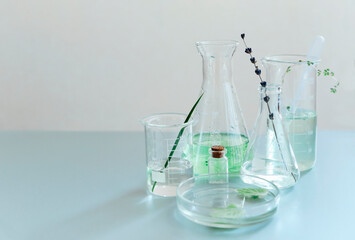 Various bottles on table in laboratory