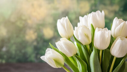 A bouquet of white tulips, vibrant and fresh, set against a soft-focus green backdrop. Ideal for spring themes, celebrations, or elegant decor