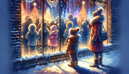 The image depicts a heartwarming watercolor scene of a parent and child admiring a festive shop window.