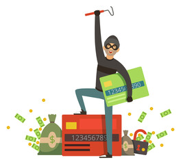 Happy thief with credit cards. Cyber robbery concept