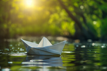 A white paper boat floats on the water at sunset against the backdrop of the forest. Concept template of spring time, travel, children's play with place for text