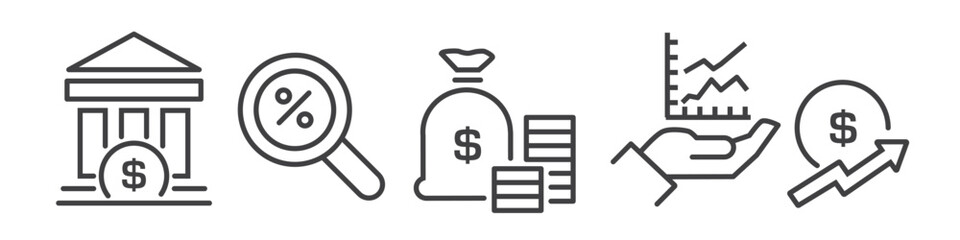 Set of stock exchange and share price line icons on white background