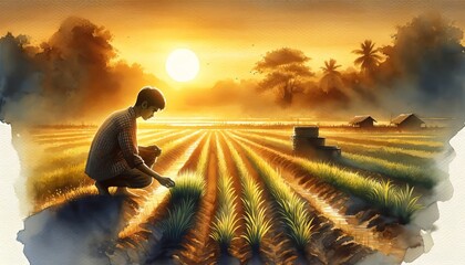 The image portrays a serene sunrise scene with a farmer tending to crops in a field. - obrazy, fototapety, plakaty