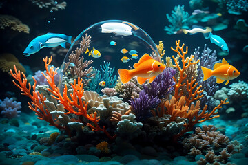 Obraz na płótnie Canvas Tropical Sphere Fish in the Sea. Colorful coral reef with tropical fish in the ocean. Underwater world. AI-generated illustration.