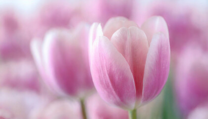 A delicate pink tulip stands out against a soft-focus pink tulips backdrop of blooming flowers. Ideal for spring themes, romantic and floral designs.