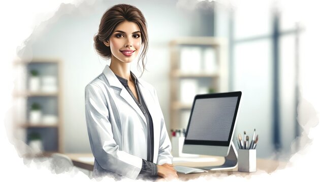 The image depicts a confident professional woman in a lab coat at her workplace.