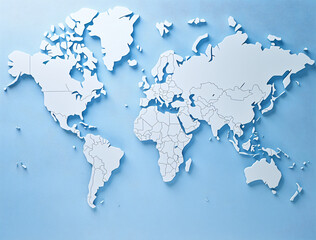 a white outline drawing of the world map in blue color, delicate paper cutouts, industrial and product design, light gray, glazed surfaces, sculpted