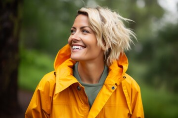 Portrait of a cheerful woman in her 40s wearing a vibrant raincoat against a solid color backdrop. AI Generation