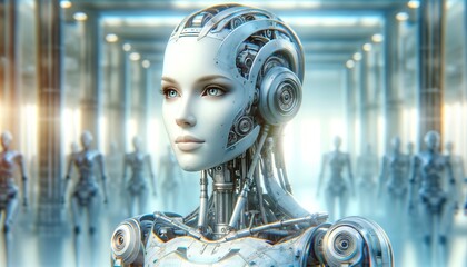 The image portrays a female android with intricate mechanical details in a futuristic setting.