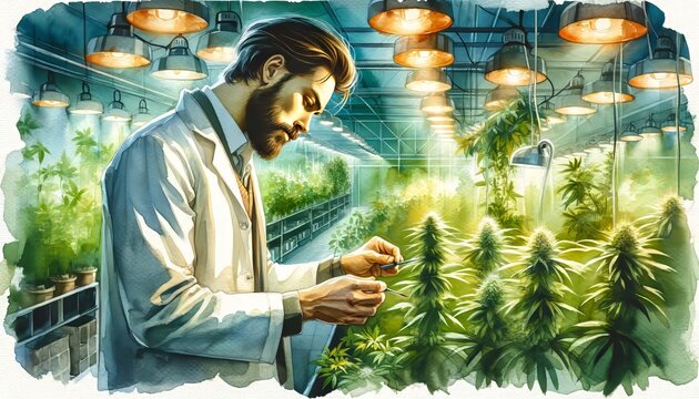 The image depicts a bearded man in a lab coat tending to plants in a bright indoor grow room.