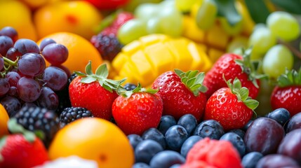Obraz premium Fresh fruits and berries background, closeup. Healthy food concept.