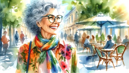 The image shows an elderly woman smiling joyfully on a vibrant city street.