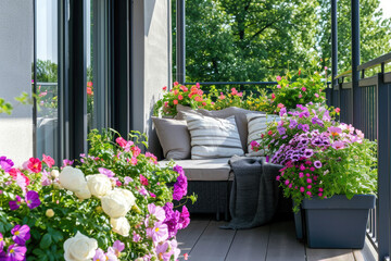 Modern large balcony is decorated with flowers. Reading and relaxing area at home - obrazy, fototapety, plakaty
