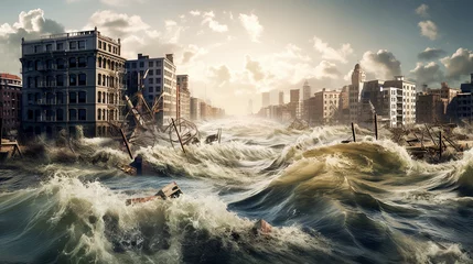 Selbstklebende Fototapeten Flood in the city, ocean flow erases the city, destroyed buildings, flood. © Рика Тс