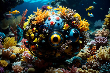 Tropical Sphere Fish in the Sea. Colorful coral reef with tropical fish in the ocean. Underwater world. AI-generated illustration.