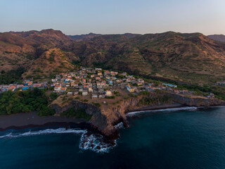 Ribeira Prata, Santiago, Tarrafal, Cape Verde Islands, view of the sea, mountains and small village.