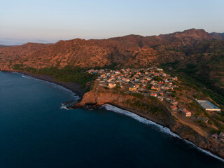 Ribeira Prata, Santiago, Tarrafal, Cape Verde Islands, view of the sea, mountains and small village.