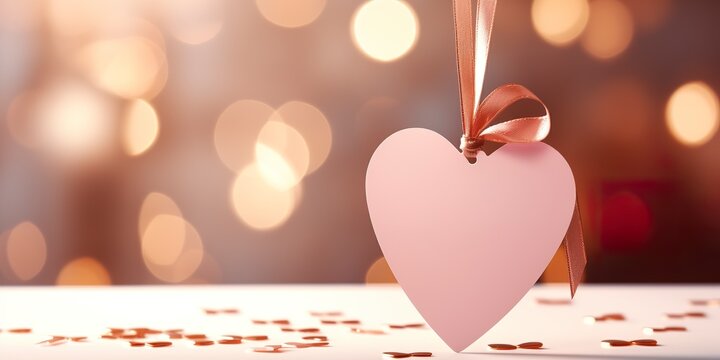 Heart-shaped paper label for simple mockup. Paper gift tag in pink and white tones on string with a blurred background.